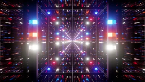 Vj loop. Dark mirroring tunnel of glass, with frames of red, blue and 스톡 동영상 153837253
