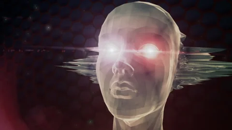VJ Loop - Floating 3D head with glowing eyes and ears bursting polygons Stock Footage 35798621