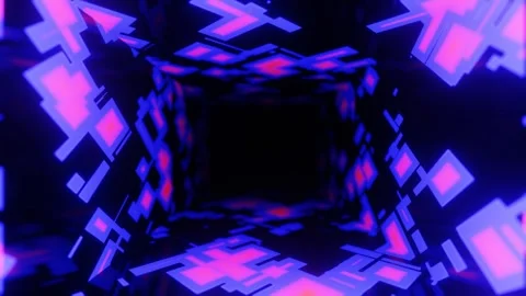Vj loop. Fly through mirror tunnel with neon pattern, glow lines form sci fi Stock Footage 281349423