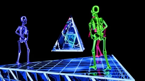 VJ loop with glowing skeletons and geometric shapes in a futuristic setting 스톡 동영상 292752988