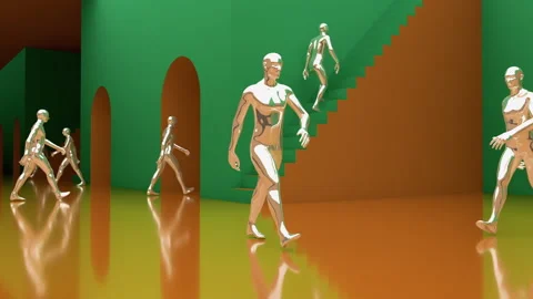 Vj Loop of metallic men walking in green and orange space city Stock Footage 234246283