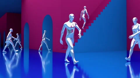 Vj Loop of metallic men walking in purple and blue space city Stock Footage 234247171