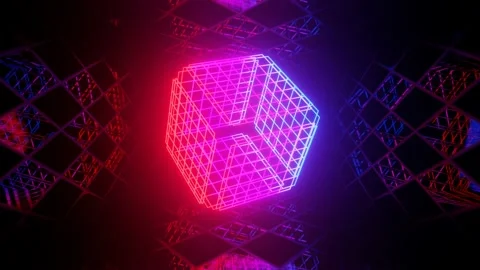 Vj loop mirror room with fly neon frame box. Abstract festive bg with bright Stock Footage 211886252