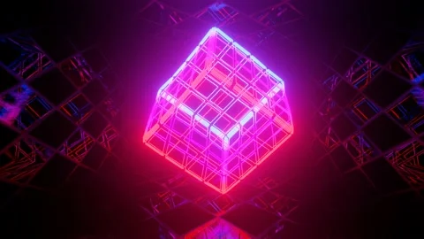 Vj loop mirror room with fly neon frame box. Abstract festive bg with bright Stock Footage 228651422