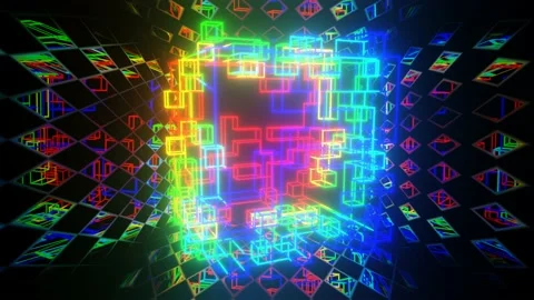 Vj loop mirror room with fly neon frame box. Abstract festive bg with bright Stock Footage 229807009