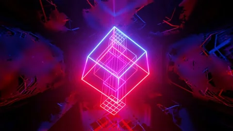 Vj loop mirror room with fly neon frame box. Abstract festive bg with bright Stock Footage 235230029