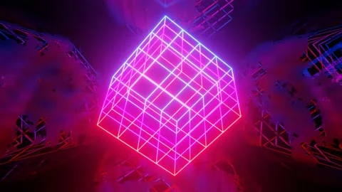 Vj loop mirror room with fly neon frame box. Abstract festive bg with bright Stock Footage 235947358