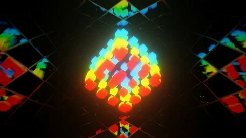 Vj loop mirror room with fly neon frame box. Abstract festive bg with bright Stock Footage 237120186