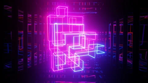 Vj loop mirror room with fly neon comlex frame. Abstract festive bg with bright Stock Footage 237639639