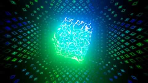 Vj loop mirror room with fly neon frame box. Abstract festive bg with bright Stock Footage 238950946