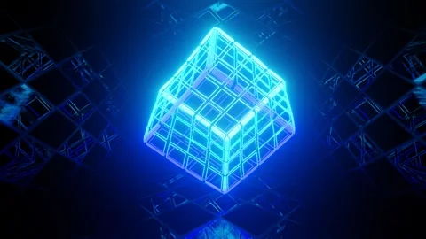 Vj loop mirror room with fly neon frame box. Abstract festive bg with bright Stock Footage 240876128