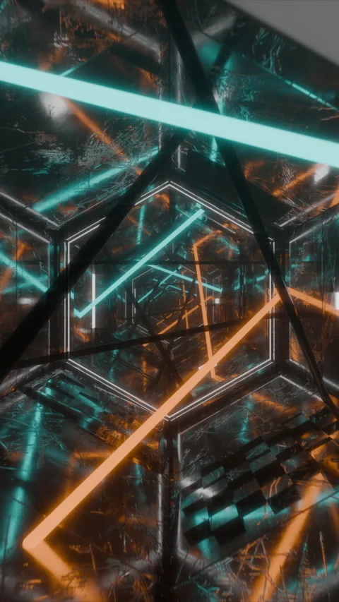 VJ loop, Neon lights create an abstract pattern within a dark, hexagonal tunnel Stock Footage 280047252