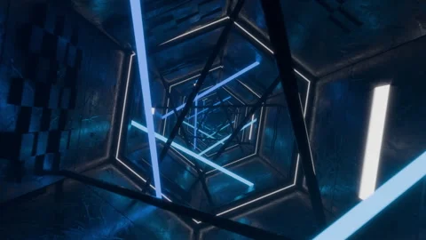VJ loop rotation flythrough blue tunnel with glowing neon tubes Stock Footage 280047869