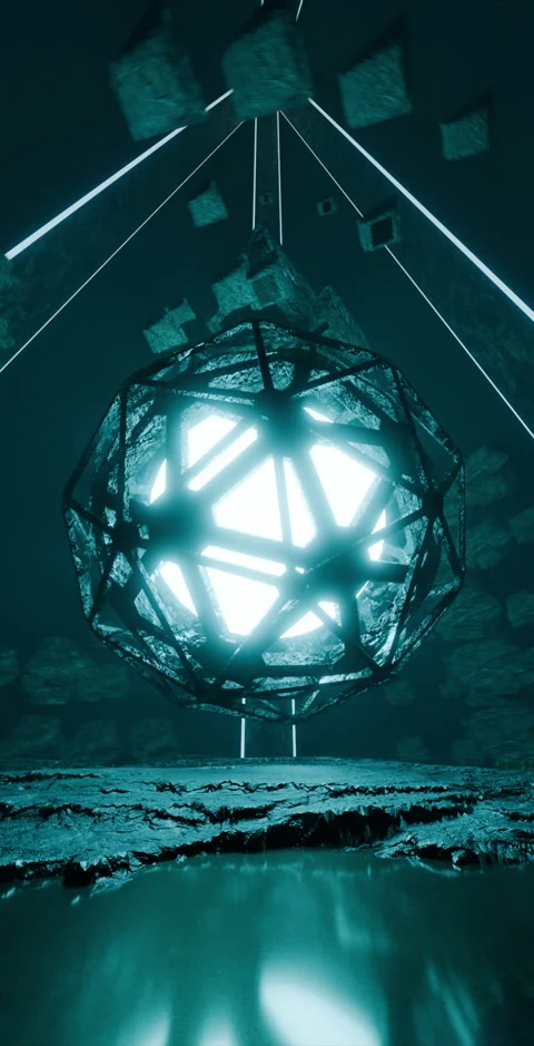 VJ Loop shiny energy sphere surrounded by epic column structure, blue glow Stock Footage 291716782