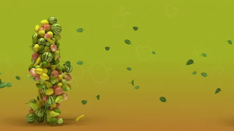 Vj Walking Fruit Man against a yellow leafy background Video stock 234352391