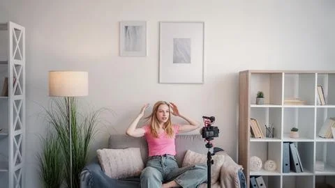 Vlog content video tutorial woman camera home 写真素材