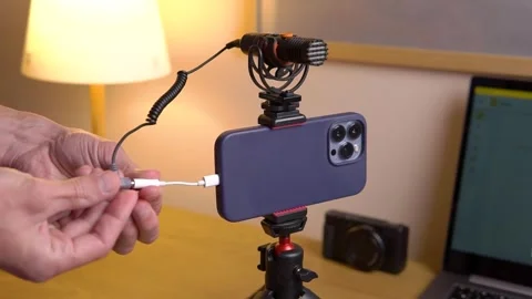 Vlog setup with smarthone and microphone on tripod in vlogging studio. Led Stock Footage 243980099