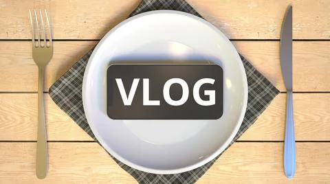 VLOG text on the screen of smartphone on the plate. Food related IT related 3D Illustrazione stock