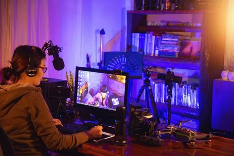 Vlogger editing video create content for upload on social media or internet o Stock Photos