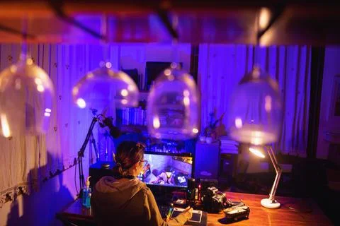 Vlogger editing video create content for upload on social media or internet o Stock Photos