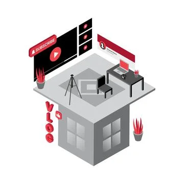 Vlogger Studio Illustration. Vlogging. Workplace with a Laptop. Camera on a Stock Illustration