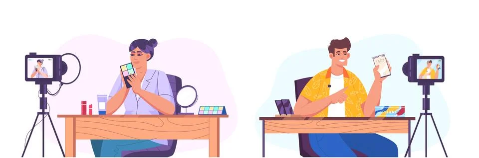 Vloggers creating video in front of camera for vlog channel Stock Illustration