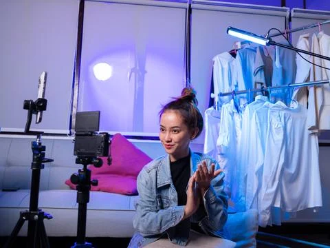 Vlogging session home studio video production cozy environment close-up view Stock Photos