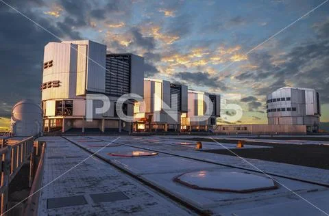 The VLT, Very Large Telescope complex at sunset Stock Photos
