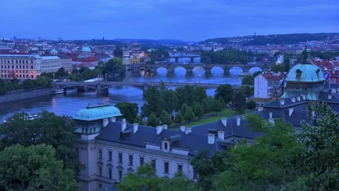 Vltava River and the Evening Night View of Prague Stock Footage 332749096