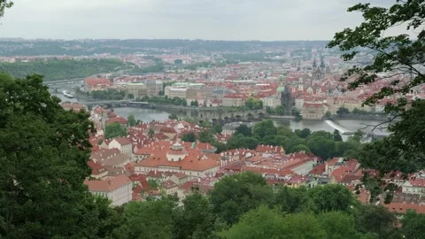 Vltava River Flows Between Green Trees And Old Red Roofs Video stock 320531884