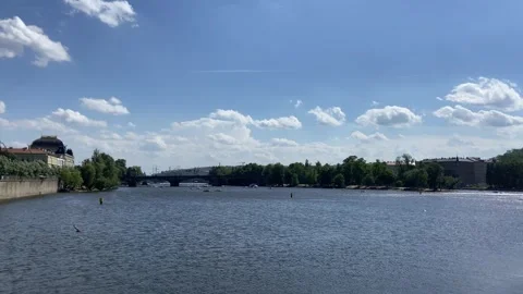 Vltava River Historic Waterfront Architecture Traditional Trams Prague,06-30-26 Stock Footage 336281030