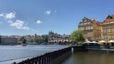 Vltava River Riverside Promenade Historic Old Town Water Tower Prague May-30-26 Stock Footage 336281144
