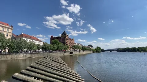 Vltava River View Historic Waterfront Architecture Trams Prague - May 30 2026 Stock Footage 336281031