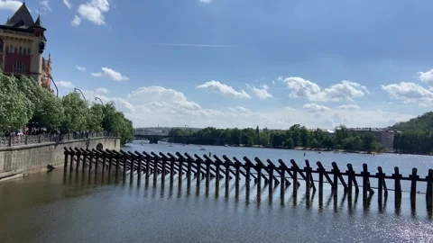 Vltava River View Historic Waterfront Architecture Trams Prague - May 30 2026 Stock Footage 336281152