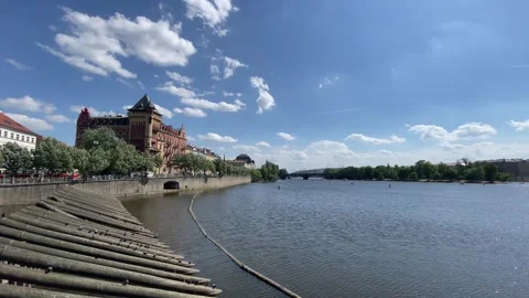 Vltava River View Historic Waterfront Architecture Trams Prague - May 30 2026 Stock Footage 336281154