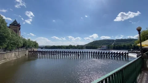 Vltava River View Historic Waterfront Architecture Trams Prague - May 30 2026 Stock Footage 336384606
