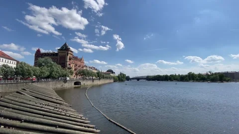 Vltava River View Historic Waterfront Architecture Trams Prague - May 30 2026 Stock Footage 336384788