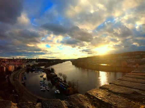 Vltava river Vyšehrad view point Prague Video stock 145830939
