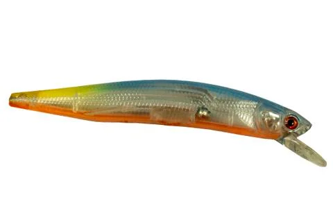 Fishing wobbler with red head, yellow back and white belly. Close