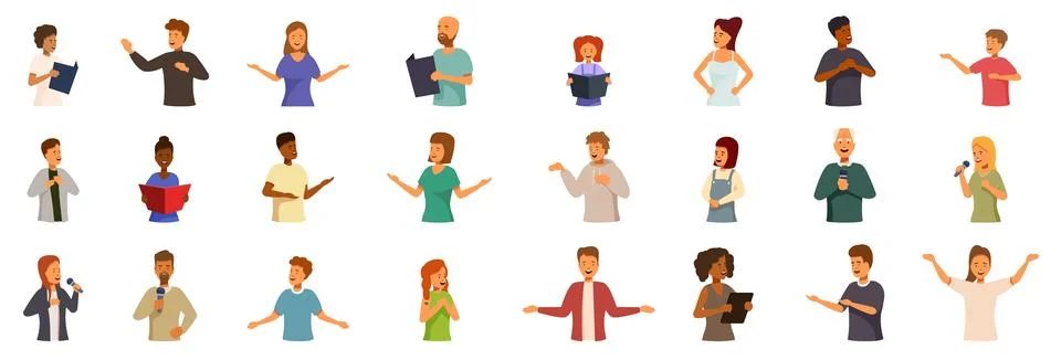 Vocal lessons icon set. Diverse group of people speaking and performing on .. Stock Illustration