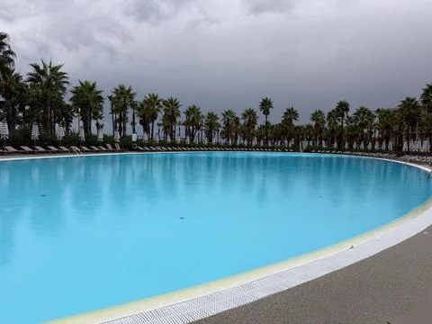 Vocation concept: serene large blue pool with palm trees under a cloudy sky Foto stock
