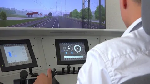 Vocational training for train driver - simulation on screen - zoom out Video stock 78837326