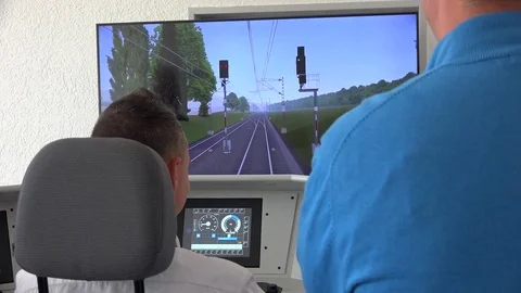 Vocational training for train driver - simulation on screen - students, teachers Video stock 78875980