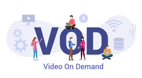 Vod video on demand technology concept with big word or text and team people  Stock Illustration