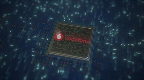 VODAFONE logo on the chip on computer board. Conceptual editorial 3d rendering Stock Illustration