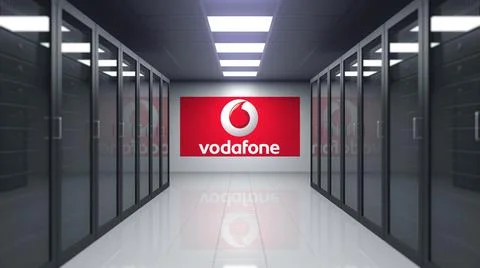 Vodafone logo on the wall of the server room. Editorial 3D rendering 스톡 일러스트