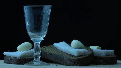 Vodka, black bread and lard Stock Footage 83264353