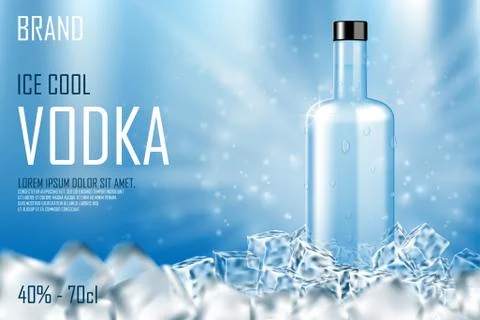 Vodka bottle with ice cubes ad. Strong alcohol drink mock up on shiny blue Stock Illustration