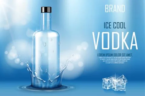 Vodka bottle with ice cubes ad. Strong alcohol drink mock up on shiny blue Stock Illustration