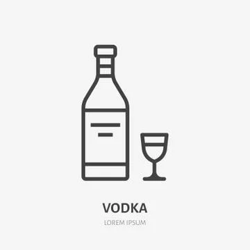 Vodka flat line icon. Vector thin sign of alcohol bottle, glass logo. Aperitif Stock Illustration